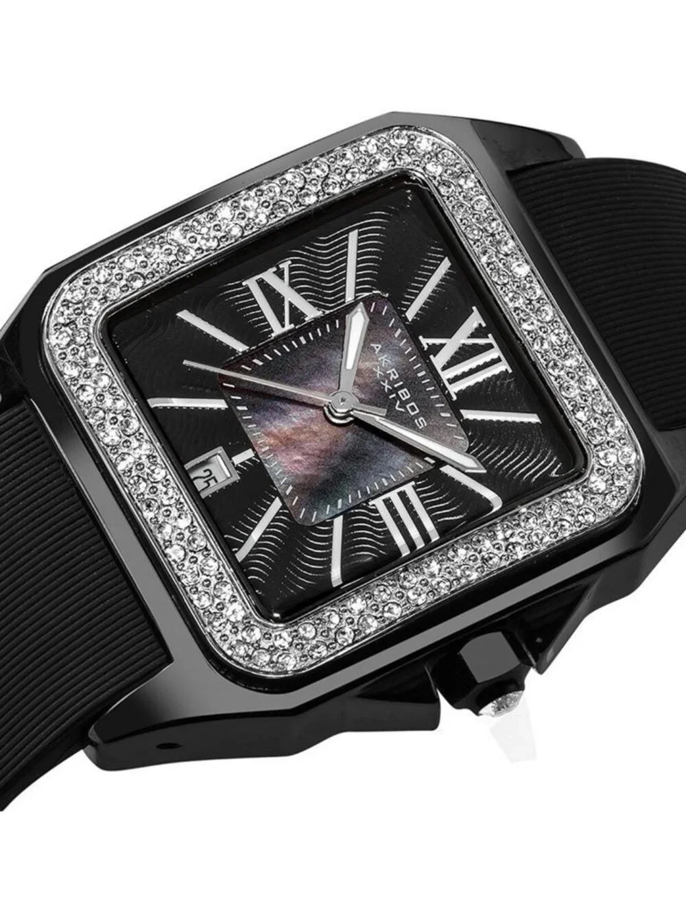 NWT Akribos XXIV Akribos Black Mother of Pearl Dial Black Ceramic Ladies Watch